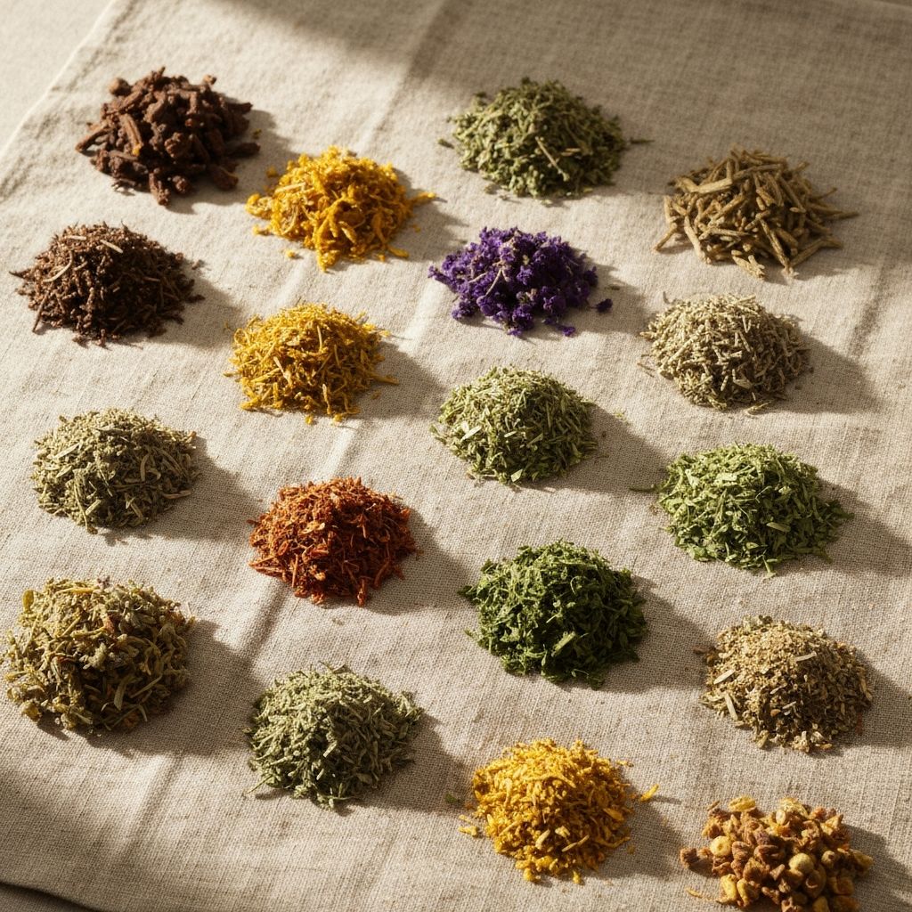 Verschiedene getrocknete Kräuter und Pflanzenextrakte